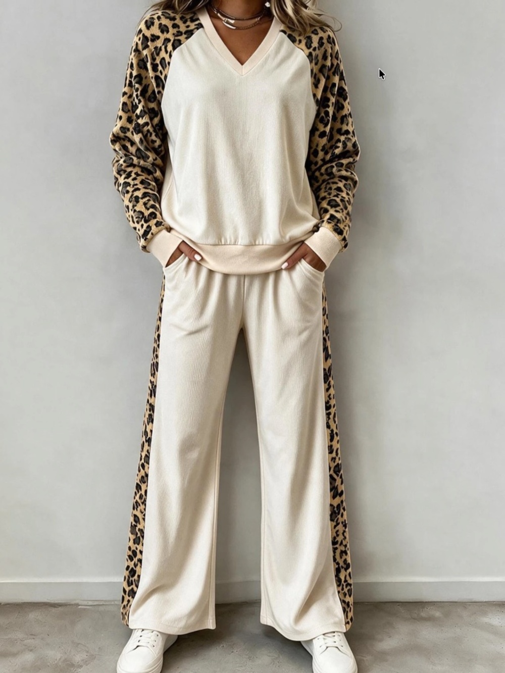 Classic Leopard Print V neck Long Sleeve Top Wide leg Pants Set